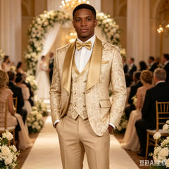 Elegant Champagne Jacquard 3-Piece Men's Tuxedo Formal Business Blazer with Shawl Lapel Wedding Groom Jacket Vest Pants Set