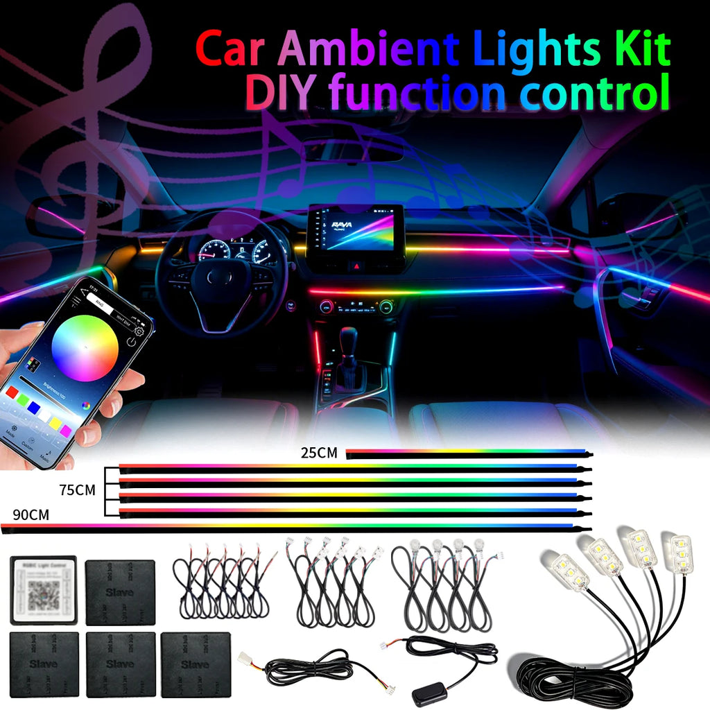 RGB car ambient light strip by Showlu Smart General with 18-inch length, app control, flexible design, ideal for vehicle interior decor.