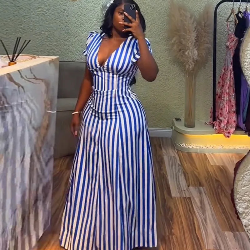 Women’s striped printed V-neck dress by Showlu Fashion, short sleeve, vintage long summer dress with slim fit for casual vacations.