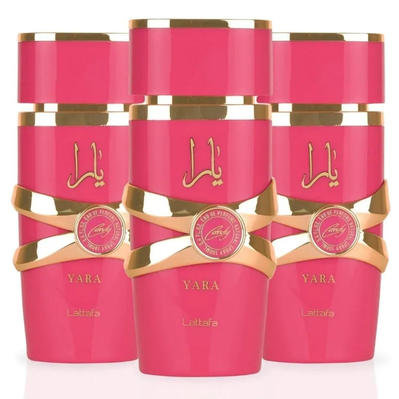 Lattafa Yara Candy EDP 100ml perfume for women featuring vanilla, fruity, and floral notes, displayed in a stylish bottle.