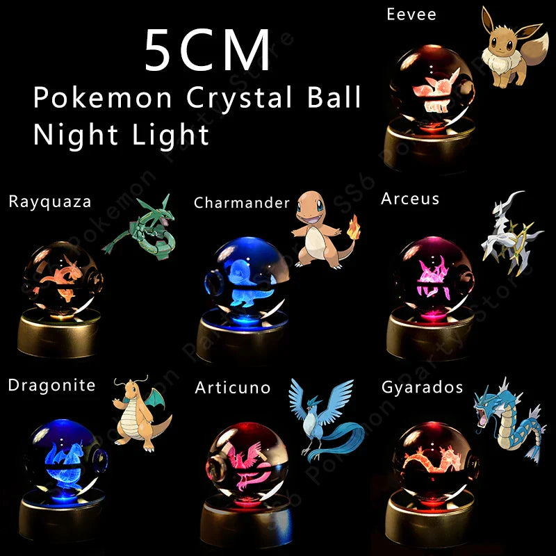 SHOWLU FASHION STORE Miniso Pokemon 3D Crystal Ball Night Light LED glass Pokeball lamp on a bedside table.