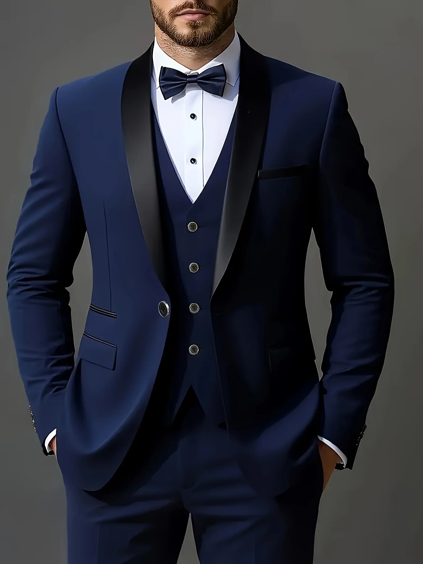 Men's 3-piece suit set including jacket, vest, and pants, stylish and high-quality for weddings, parties, and formal events.