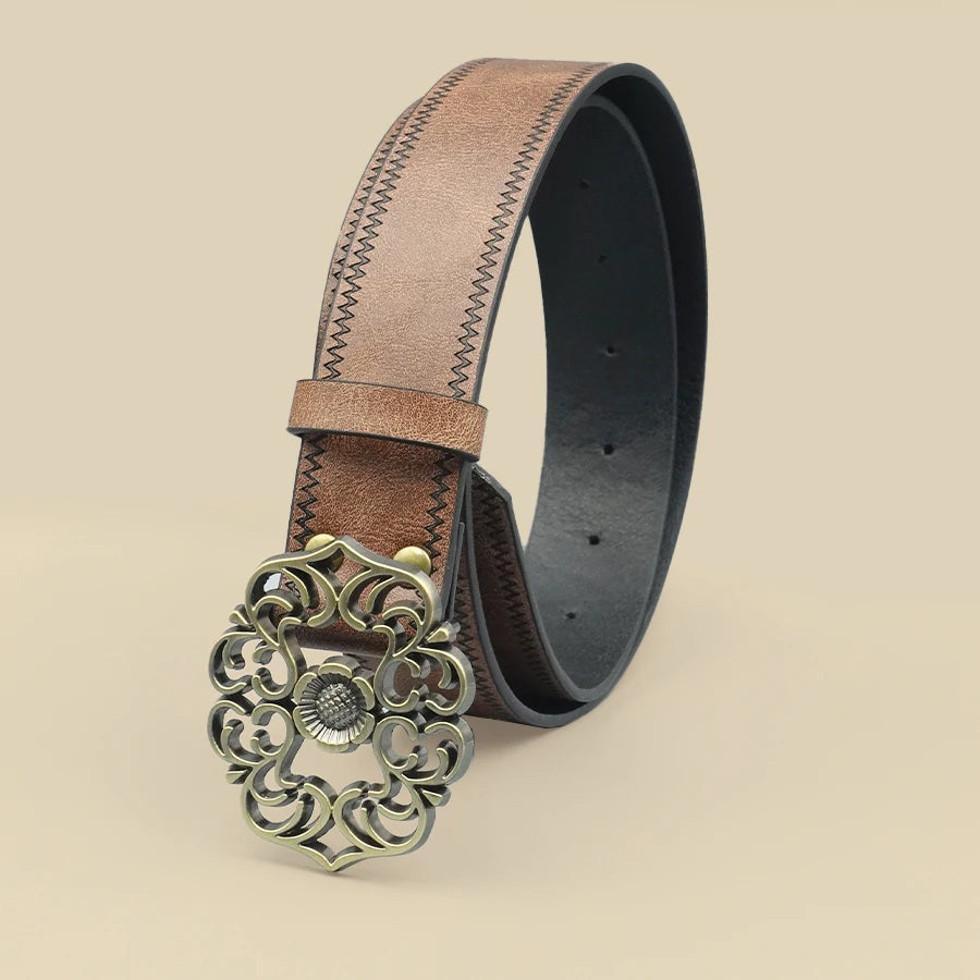 Retro Western denim style belt for women with decorative printed design, perfect for casual and fashionable outfits.