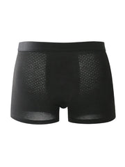 A pair of black ice silk boxer shorts featuring a breathable mesh knit pattern.