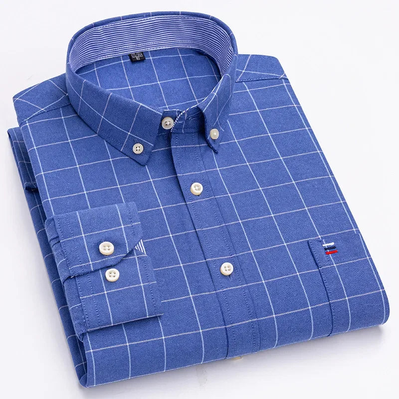 Men's long sleeve plaid cotton dress shirt in solid color with regular fit, oversized style, from Showlu Fashion Store.