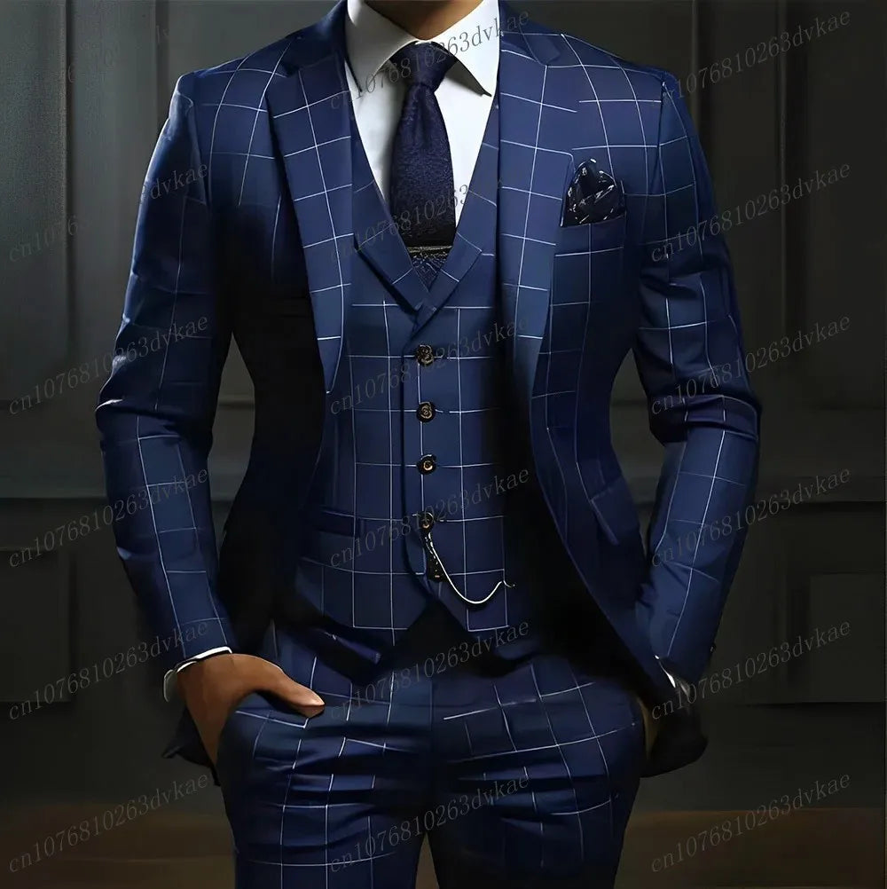 Navy blue plaid men’s suit from Showlu Fashion, 3-piece tuxedo set with blazer, vest, and pants for formal and wedding occasions.