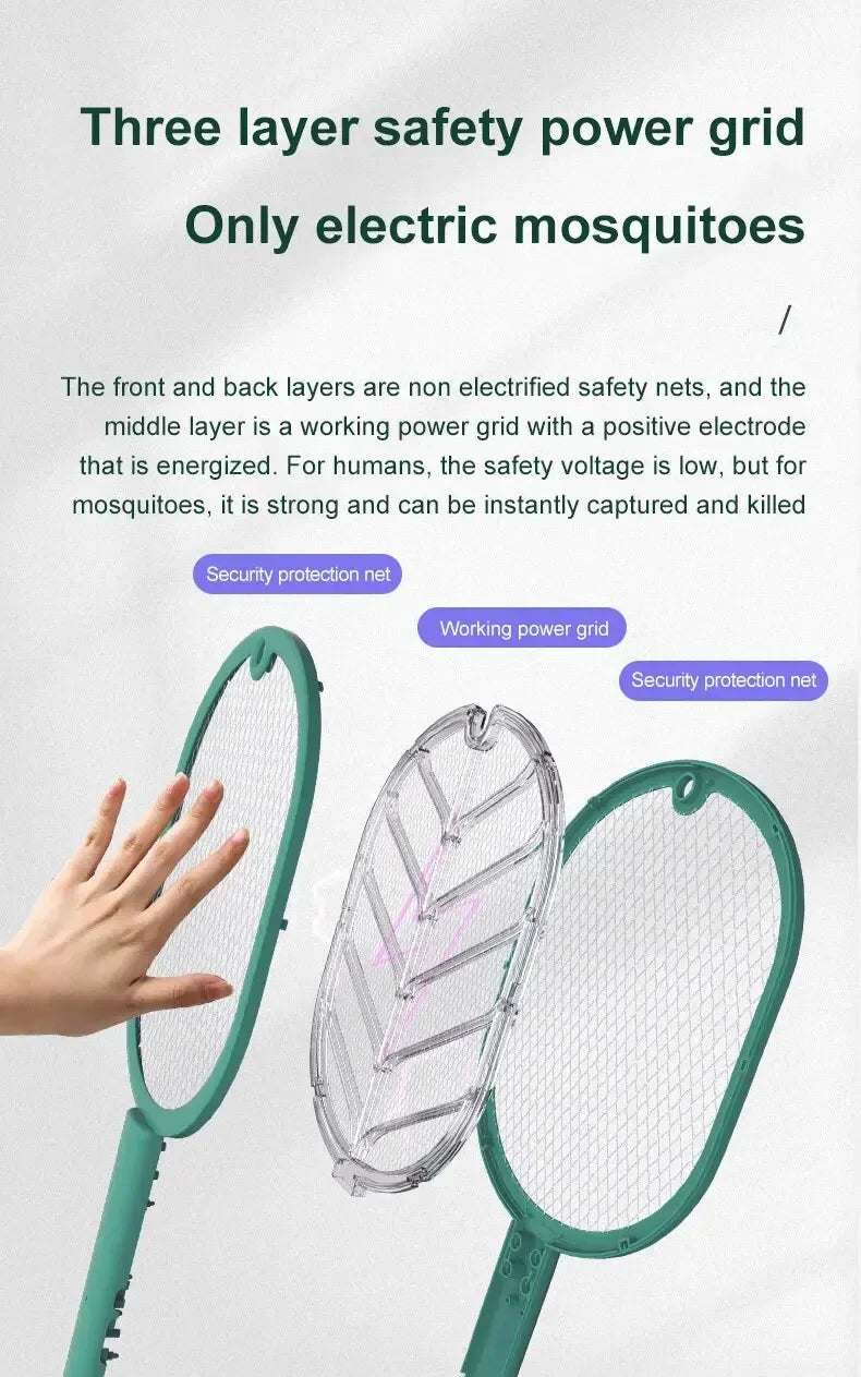 Showlu Smart General USB rechargeable electric mosquito swatter racket with mesh surface for bug zapping.