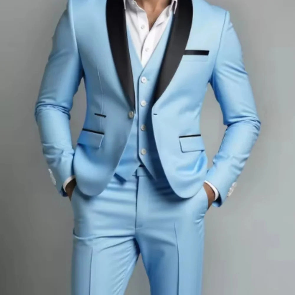 Men's Black White Slim Fit Three Piece Suit Set Large Size Autumn Wedding Party Blazer Coat Pants Vest Fashion Male Outfit