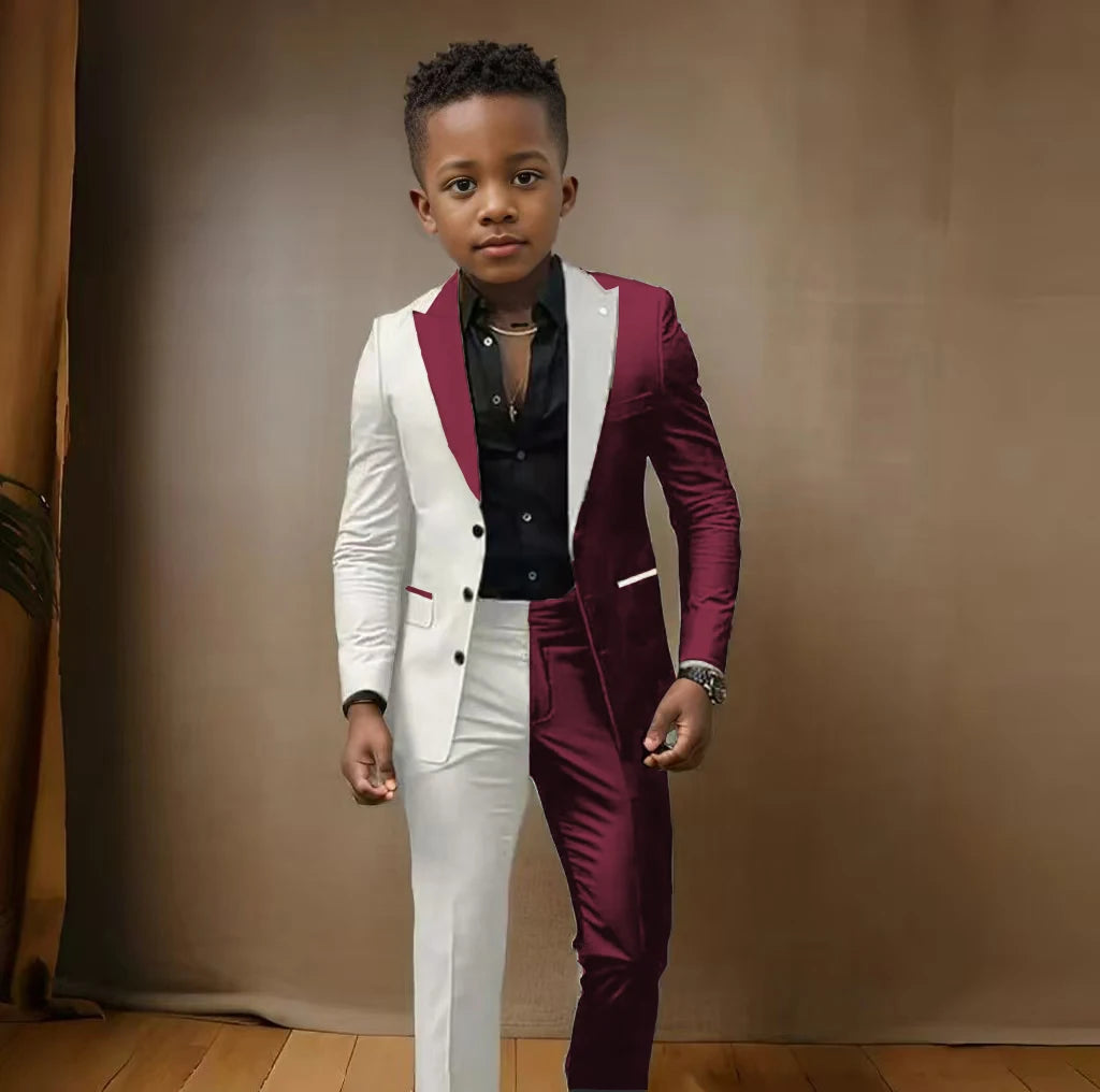 Boy's blazer and pant suit by Showlu Fashion, slim fit 2-piece set for casual, wedding, or stage performance, for ages 3-16.