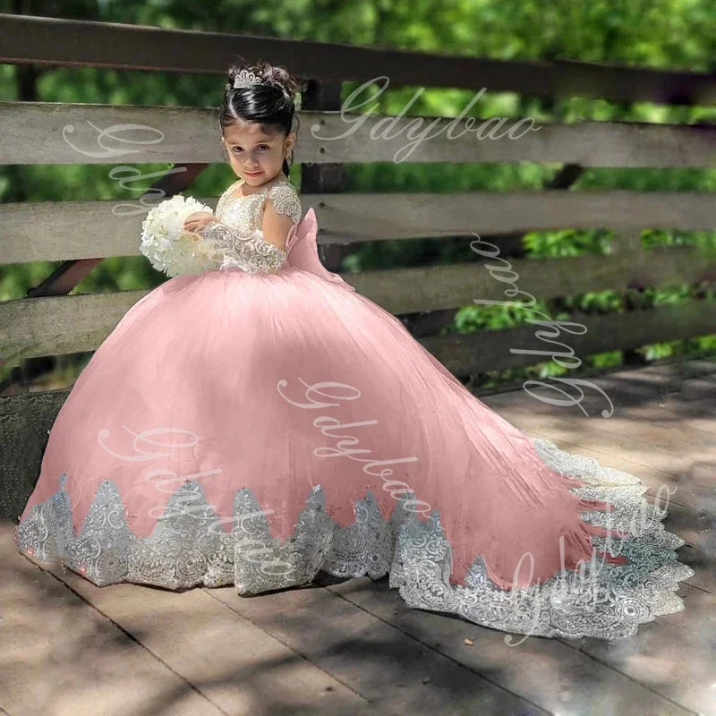 Ivory flower girl dress with appliques, floor length, suitable for weddings, birthdays, and first communions, by Showlu Fashion Store