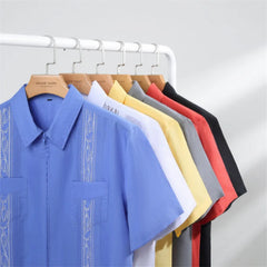 Fashion Zipper Men's Guayabera Shirts Four Pocket Embroidered Traditional Short Sleeve Shirts for Men Mexican Cuban Shirts