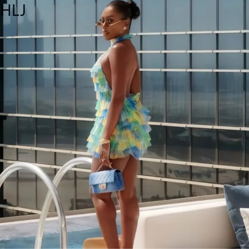 Showlu Fashion women's sexy mesh ruched patchwork bodycon dress with gradient halter backless design, perfect for summer streetwear.