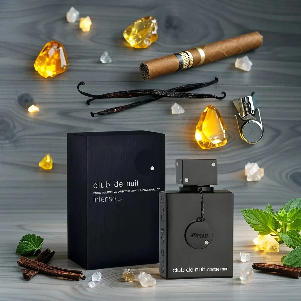 Armaf Club de Nuit Intense men's EDT perfume in black bottle, 3.4 fl oz, stylish packaging with sleek design
