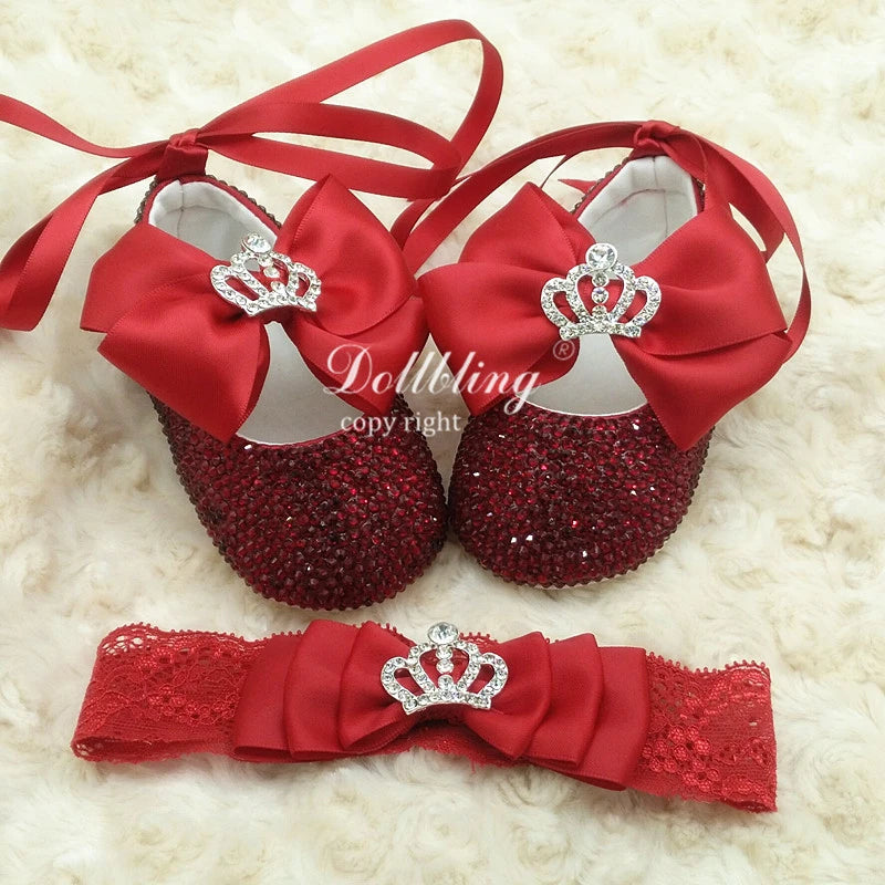 Dollbling Girls Pink Crown Ballerina Baptism Shoes Infant Dazzling Shoes Dress Handmade Mommy Daughter Outfit Bling Botties