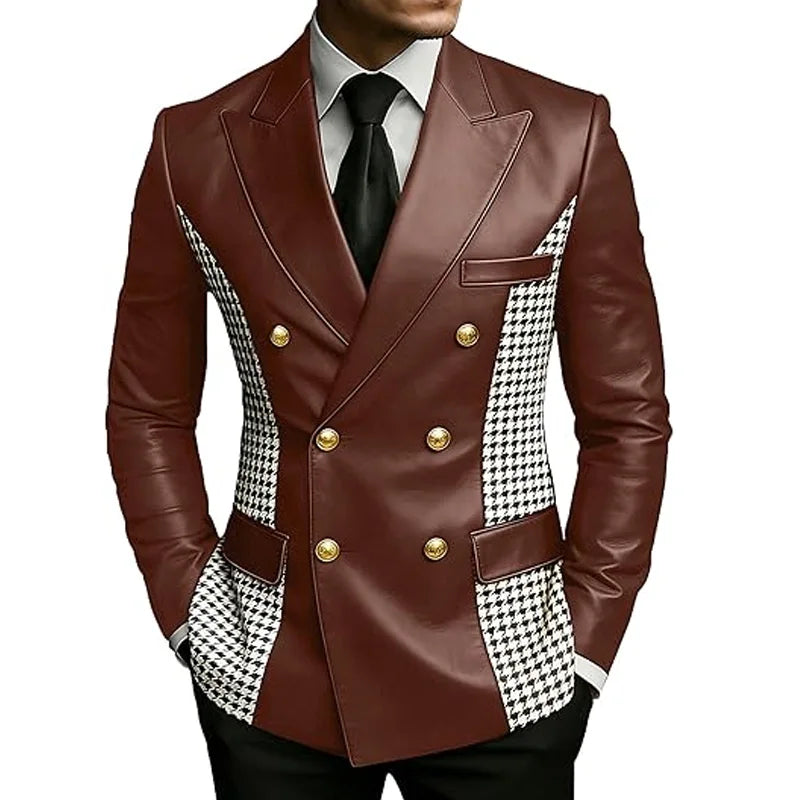 Men's brown leather blazer with houndstooth side panels, double-breasted style, slim fit, gold buttons, vintage tuxedo jacket by Showlu Fashion