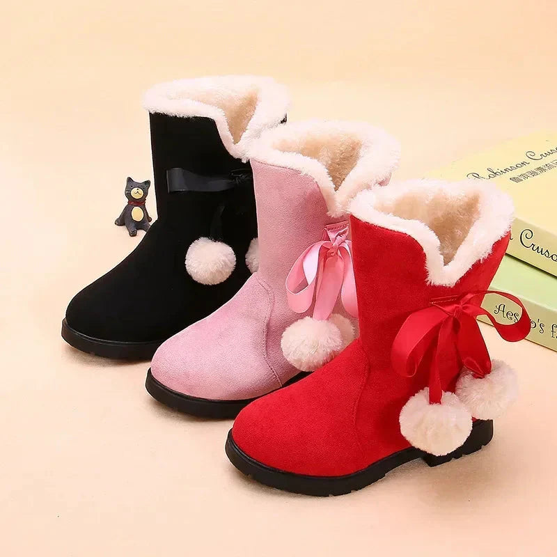 Girls winter snow boots by SHOWLU FASHION STORE, suede mid-calf fur-lined boots with bowtie detail for warmth and style.