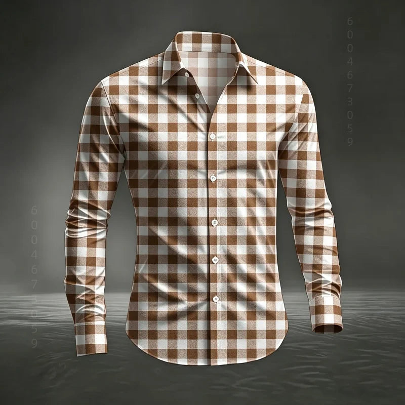 2026 Men's New Classic Plaid Shirt with Plaid Printing, Slim Fit Collar Long Sleeve Shirt, Men's Top, Comfortable Fabric XS-6XL