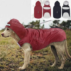 A dog wearing a red waterproof hooded raincoat with a reflective stripe on the hood and back.