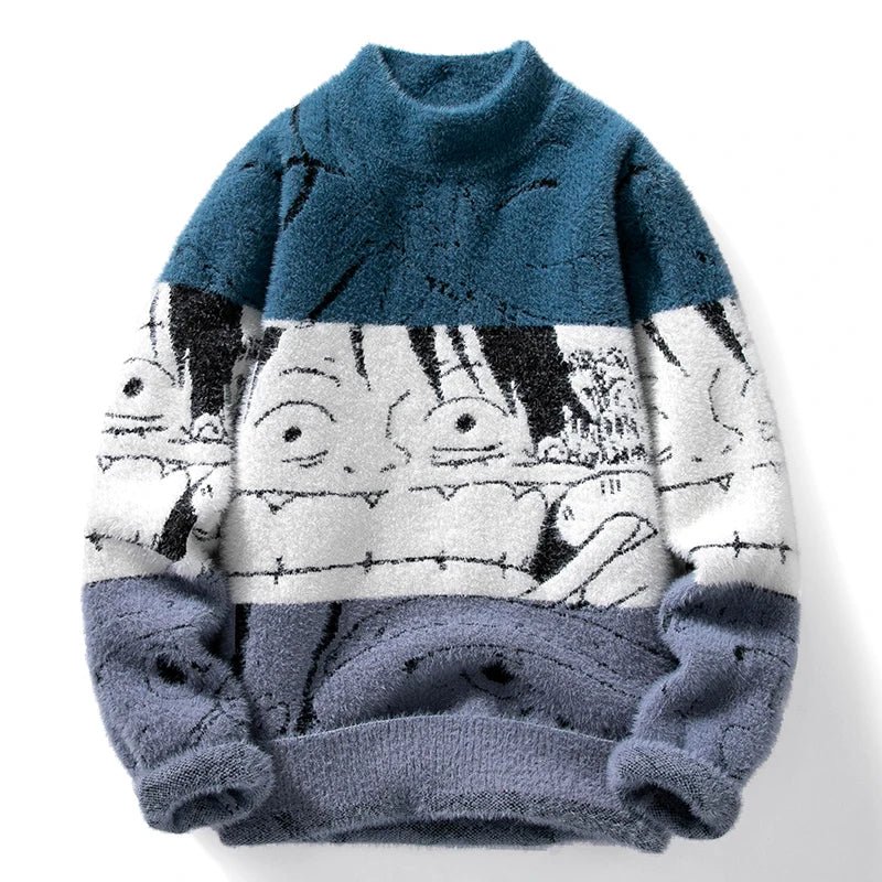 Mink plush thickened round neck men's sweater with patchwork print, long sleeves, perfect for autumn winter fashion.