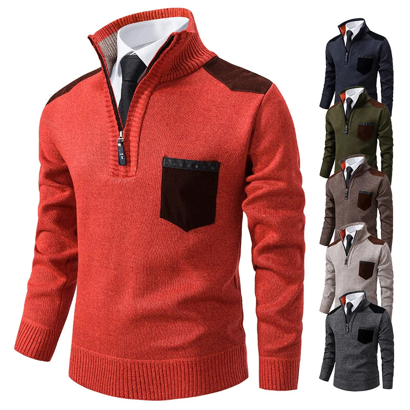 Men's cashmere pullover sweater with stand collar, half zipper, thick polo style, suitable for autumn winter outerwear.