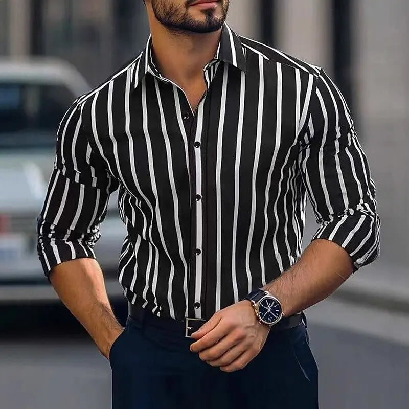 Men's striped dress shirt by Showlu Fashion, casual long sleeve button-up shirt with vertical stripes, suitable for spring outdoor wear.