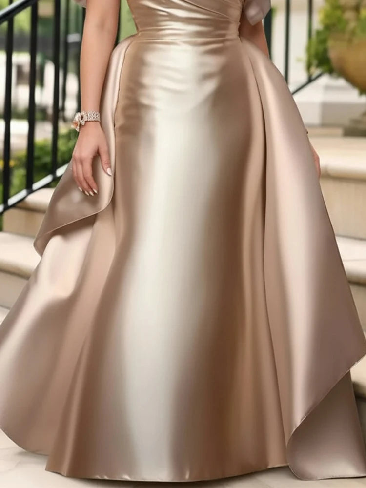 Plus size satin evening dress for women with off-shoulder puff sleeves, solid color, elegant maxi style for cocktail or wedding events