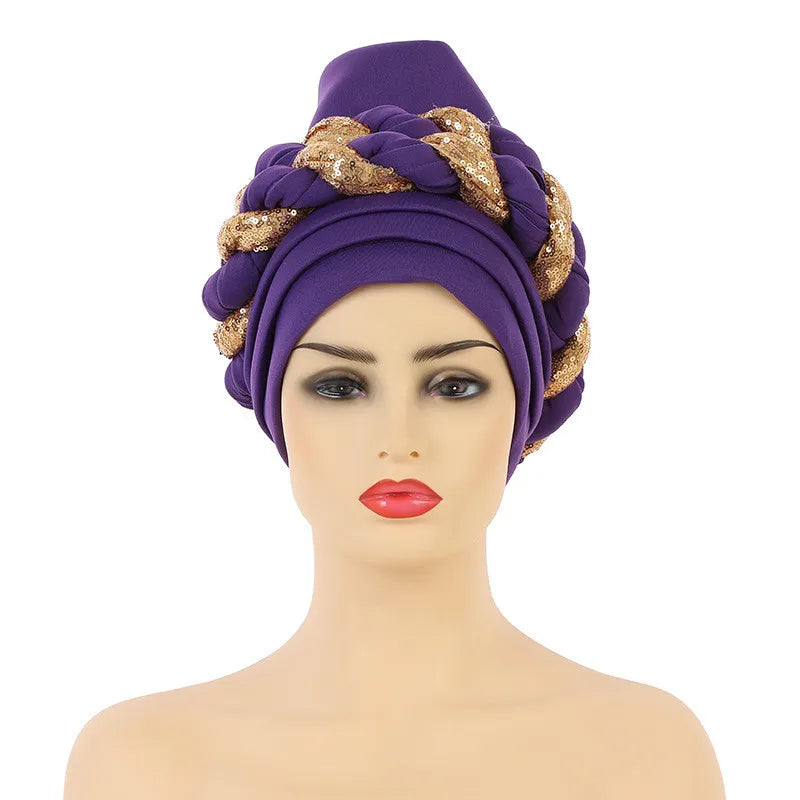 Sequins Braid Turban Cap for women African autogele Headtie