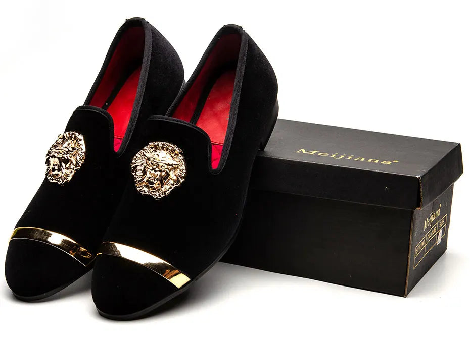 HKGS Men's velvet loafers with gold tiger metal detail, stylish party dress shoes by Showlu Fashion Store.