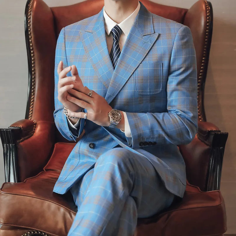 Men's British style plaid three-piece slim fit business suit by Showlu Fashion Store, featuring tailored jacket, vest, and trousers.