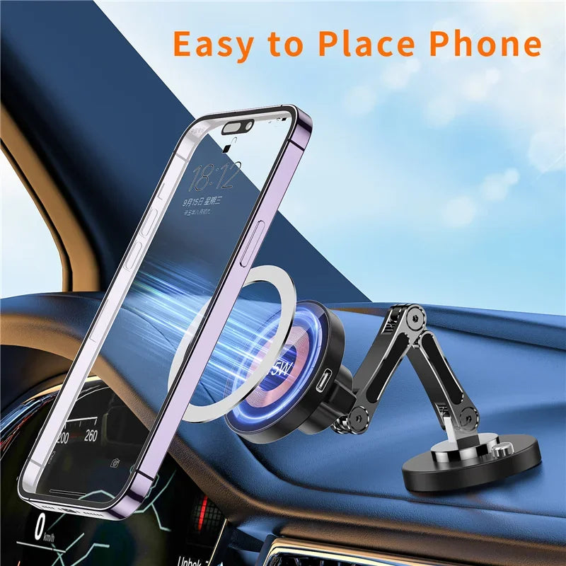 Showlu Smart General magnetic car wireless charger phone holder with 15W fast charging, mounted in a vehicle dashboard.