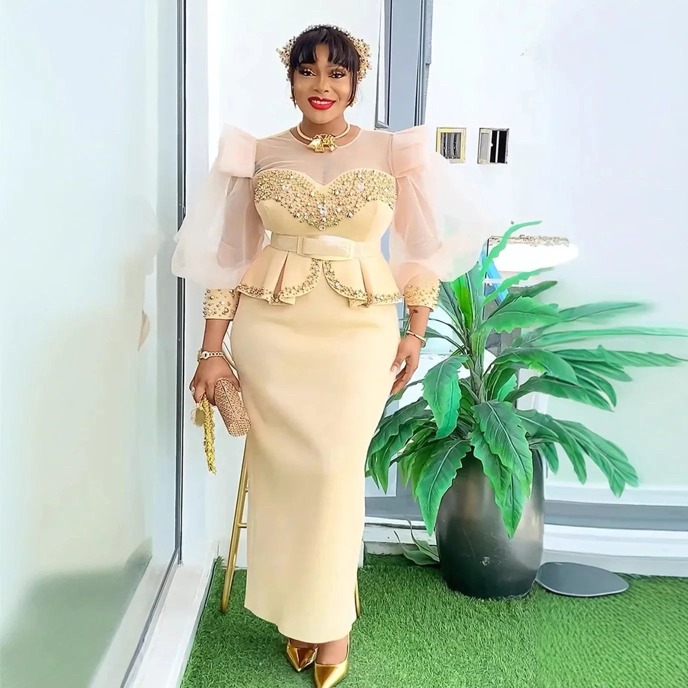 Elegant African long dress for women with vibrant Ankara patterns, suitable for weddings and parties, from Showlu Fashion.