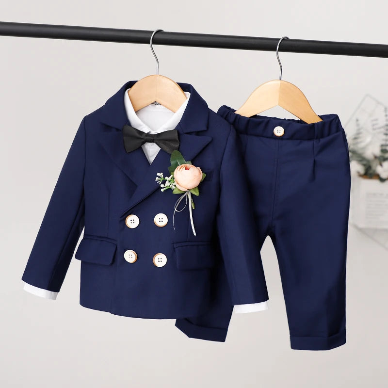 Children's formal burgundy suit set with jacket, pants, and vest for boys, suitable for autumn, winter, and special occasions.