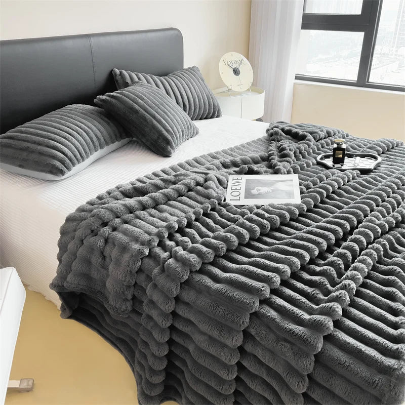 Showlu Fashion striped polyester blanket, thickened bed sheet and nap cover with blue and white stripes, soft and cozy for bedding.