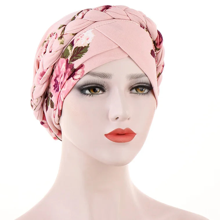 European and American print leopard silk scarf hat with flower accents and short braid, perfect for Muslim women hijab styles.