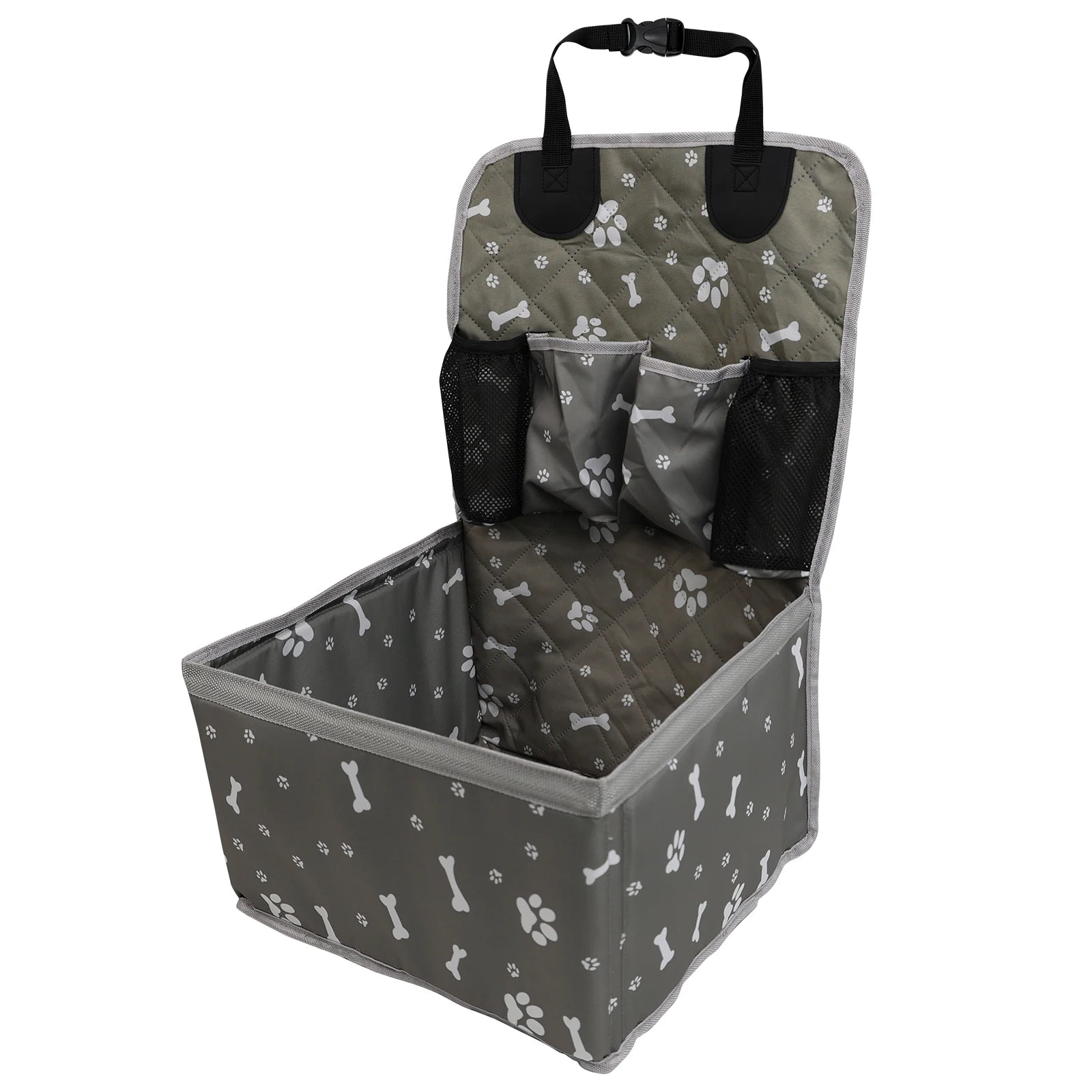 Showlu Portable Dog Car Booster Seat in nylon with safety straps and storage pocket, designed to keep small dogs secure during car rides.