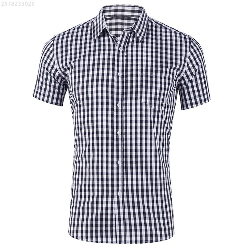Men's short-sleeved Hawaiian plaid shirt in red and blue, breathable casual streetwear by Showlu Fashion Store, available in XS-6XL.