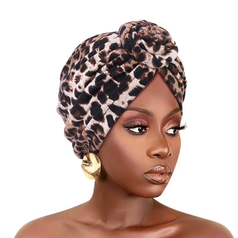 African print pleated turban floral beanie with front knot, elastic head wrap, and bandana style for women’s elegant chemo headwear