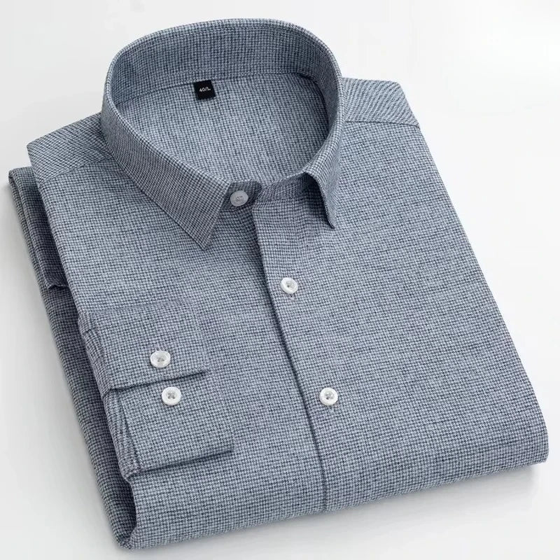 Slim fit men's long-sleeve brushed cotton formal shirt with plaid and striped designs, soft and casual for stylish comfort.