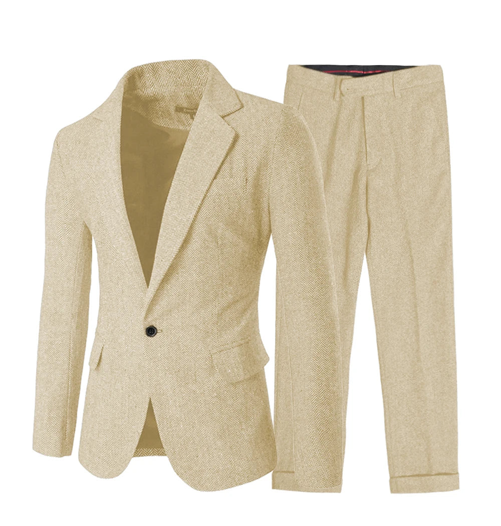 Elegant Men's Suit Set 2 Pieces Classic Fit One Button Daily Business Suits Herringbone Wool Wedding Groomsmen(Blazer+Pants)