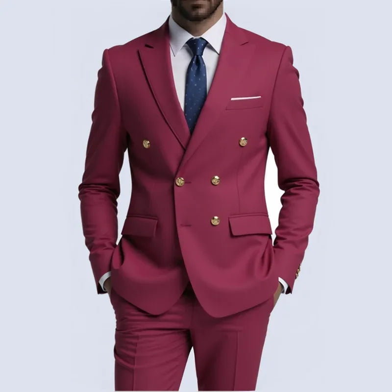 Black men's double-breasted slim fit suit with gold buttons, high-quality wedding and party attire from Showlu Fashion.
