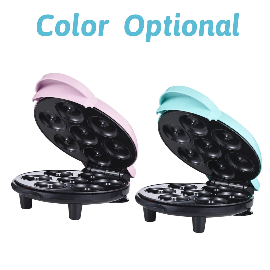 Homgeek 7-hole mini donut maker by Showlu Smart General, showing freshly made mini donuts in a compact 700W kitchen appliance