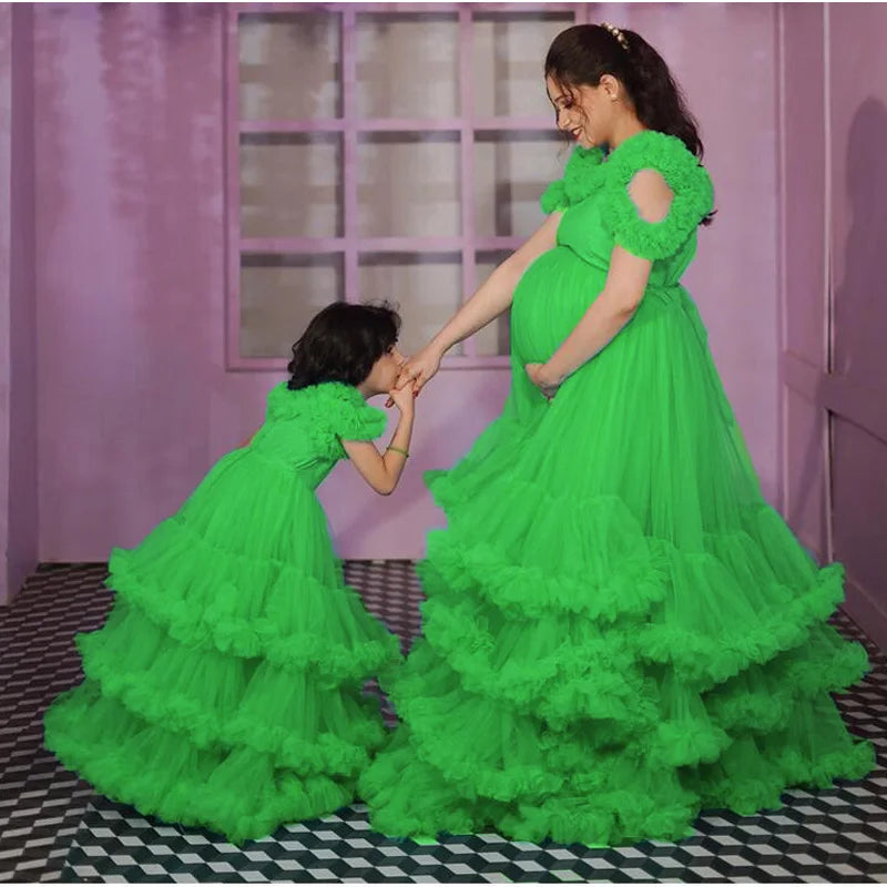 Showlu Fashion Mother and Daughter Puffy Tulle Prom Dresses with ruffles and tiered mesh for baby shower and maternity occasions