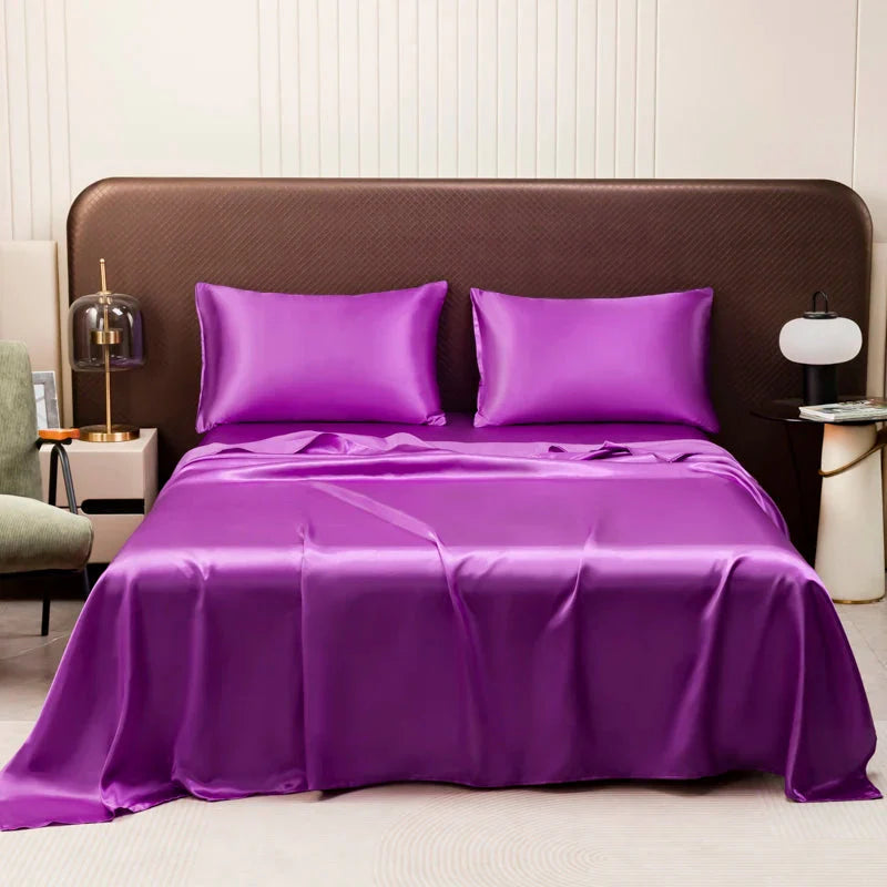 Showlu Satin Silk Flat Bed Sheet in smooth polyester with 500TC, showcasing a luxurious, soft bedding fabric in a close-up image.