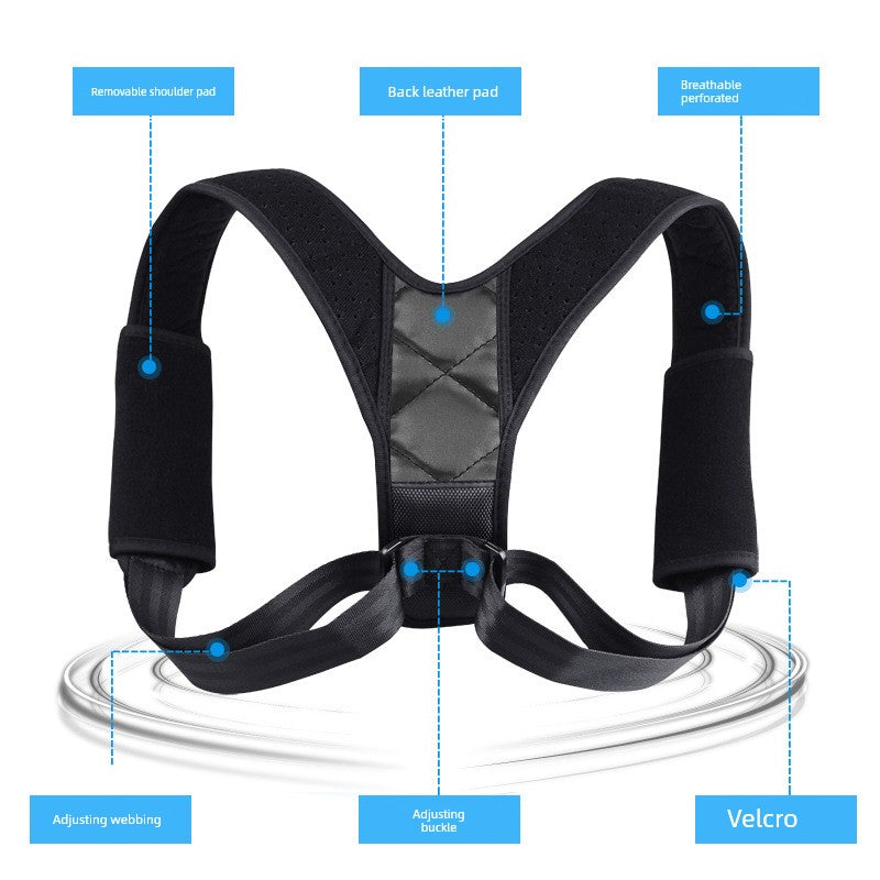 SHOWLU Posture Correction Belt, an invisible humpback brace for all ages, shown in black with adjustable straps.