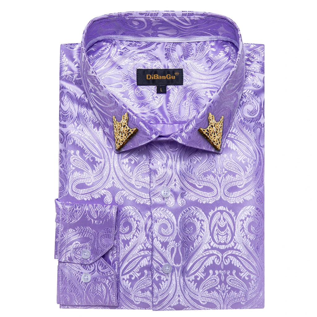 Men's patterned brocade shirt with gold crown collar accents, ideal for luxury galas and formal weddings, by Showlu Fashion.