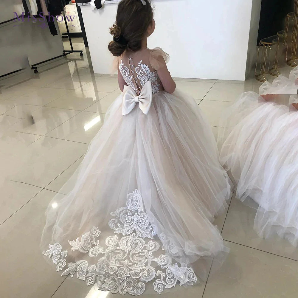 MisShow Flower Girl Dress by Showlu Fashion Store, lace and tulle princess ball gown for weddings, with floral details and elegant design.