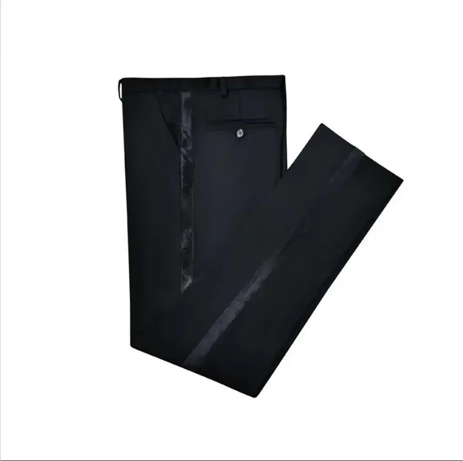 Black men's slim fit formal trousers with side satin stripe, designed by Showlu Fashion Store, featuring a one-piece, stylish look.