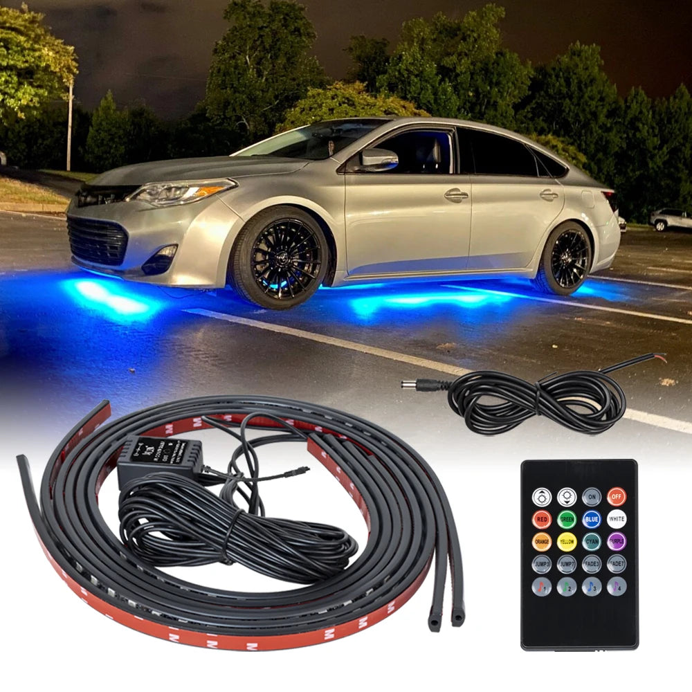 Showlu Smart General Car Underglow LED Kit with colorful LED strips installed under a vehicle for vibrant lighting effects.