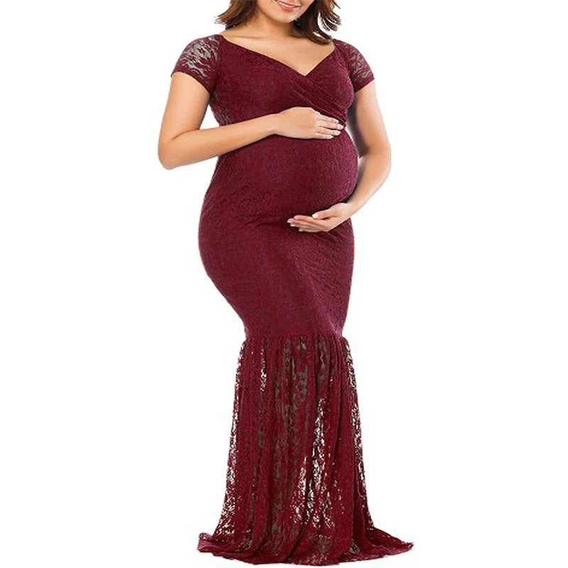 Long sleeve mermaid lace maternity gown by SHOWLU FASHION STORE, elegant maxi dress for maternity photography scenes.
