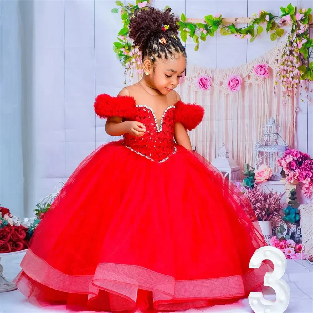 Red flower girl dress by SHOWLU FASHION STORE featuring tulle ruffles and a ball gown style for weddings.